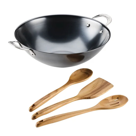Anolon EverLast Carbon Steel 4-piece Wok and Teak Tool Set